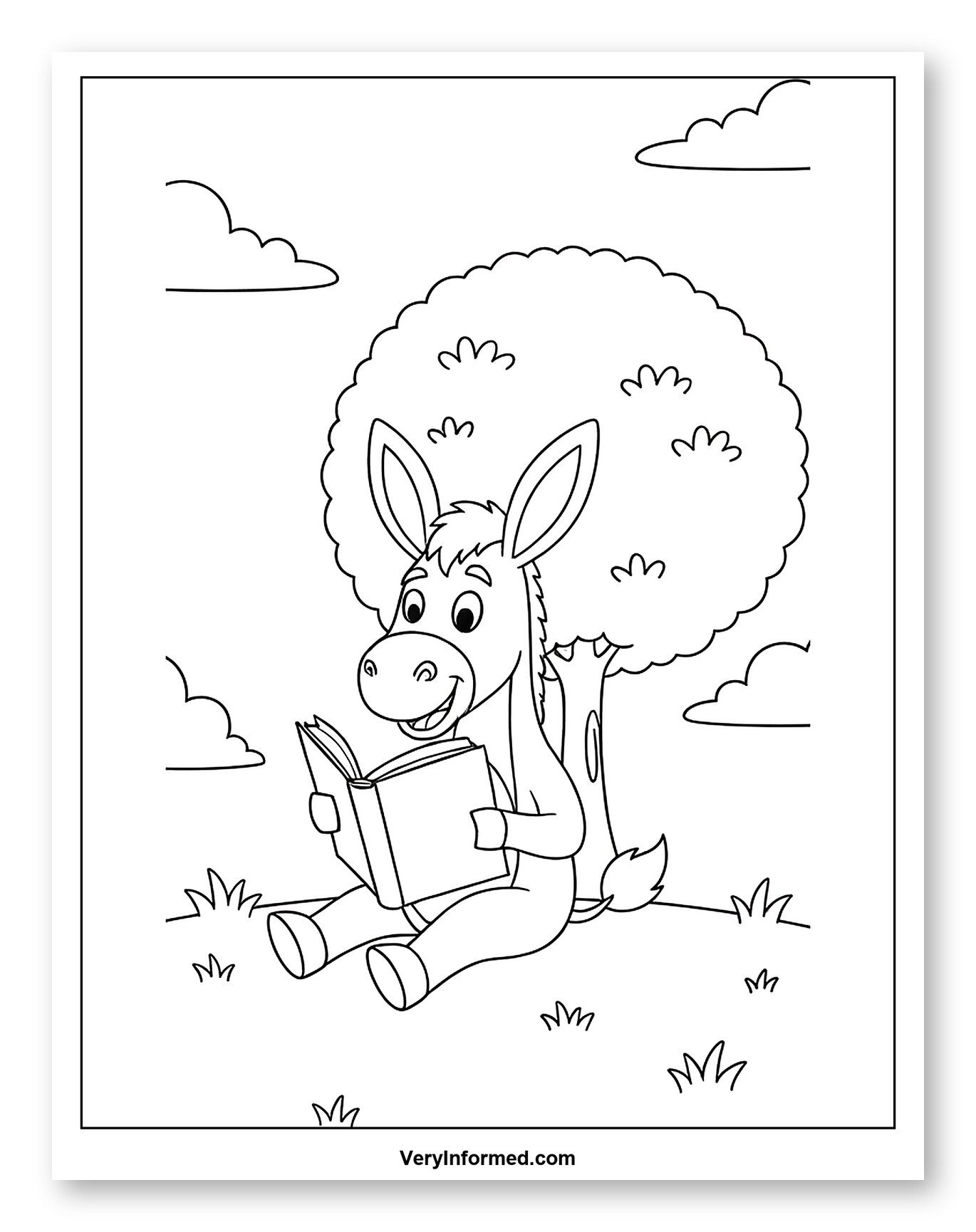 Cute Donkey Reading Book Under Tree to Color for Kids