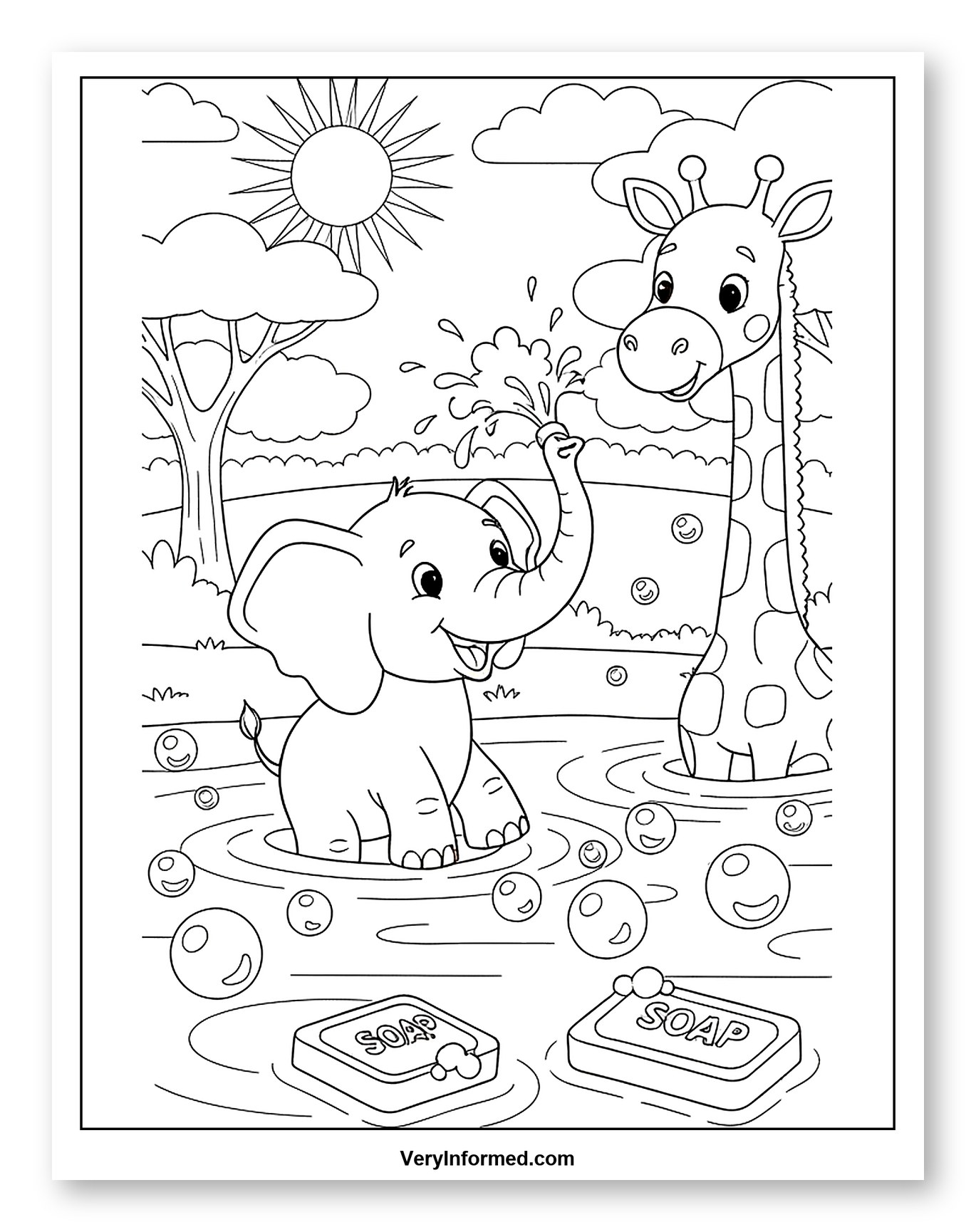 Cute Elephant and Giraffe Bathing with Soap Coloring Page for Kids