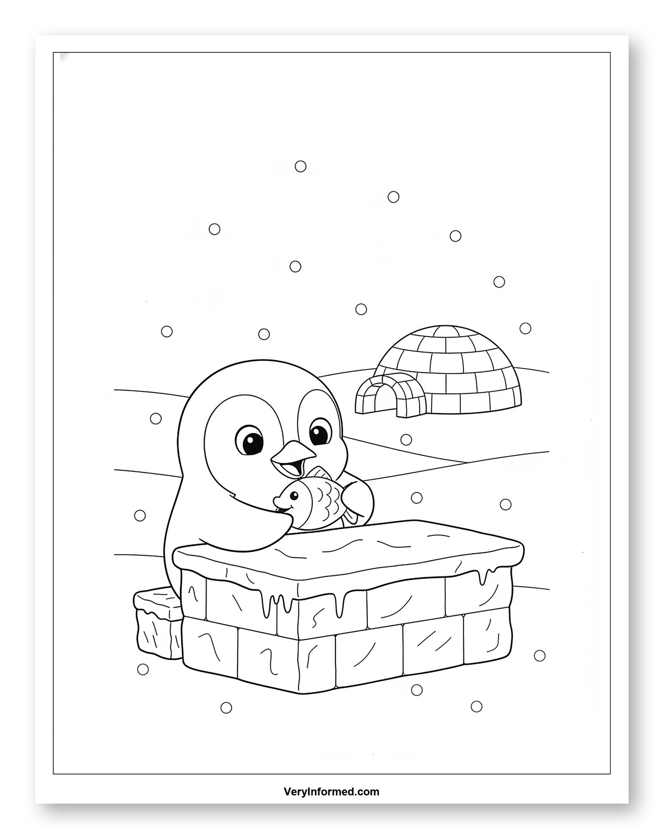 Cute Penguin Holding a Fish Coloring Page