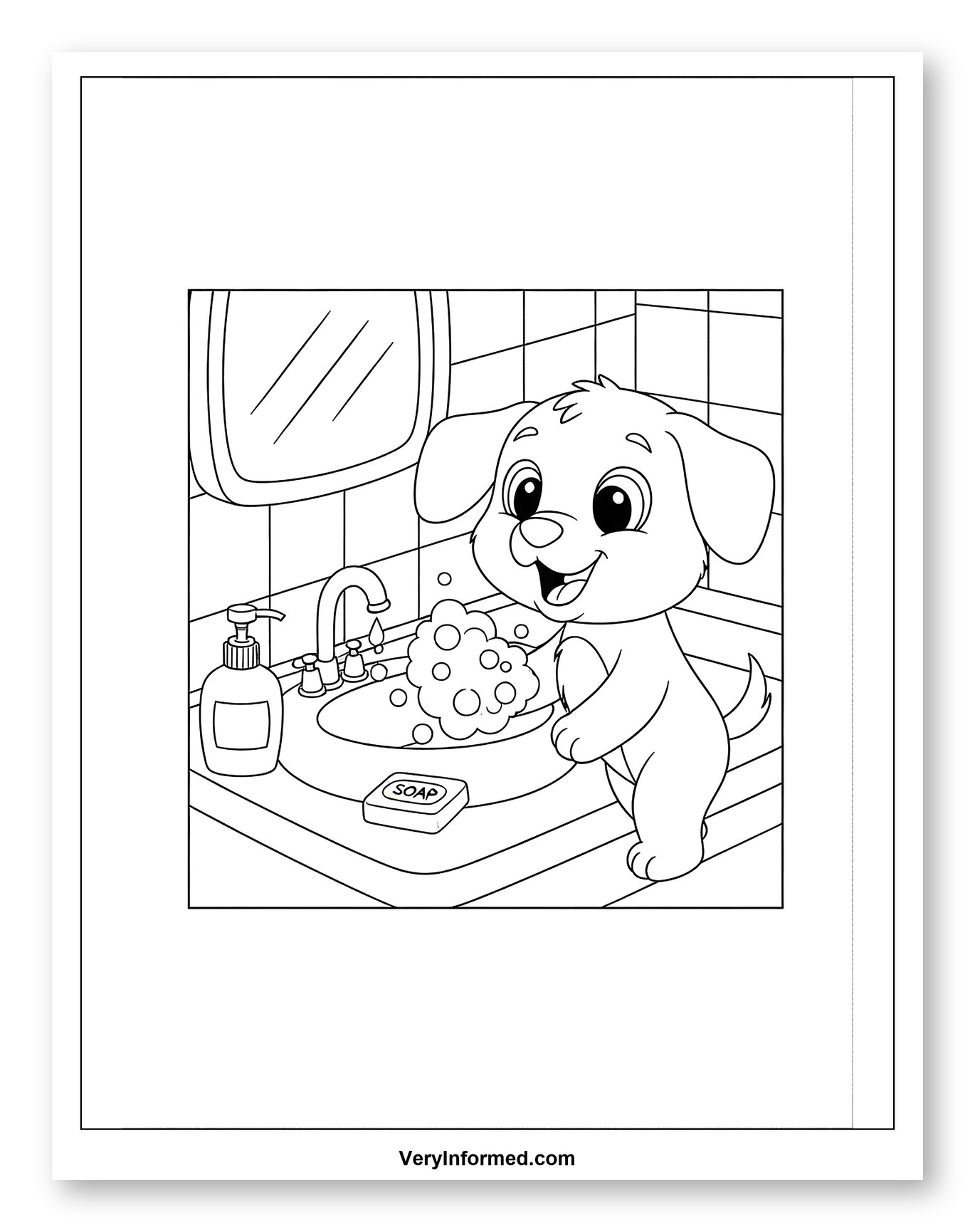 Cute Puppy Washing Paws with Soap to Color for Kids