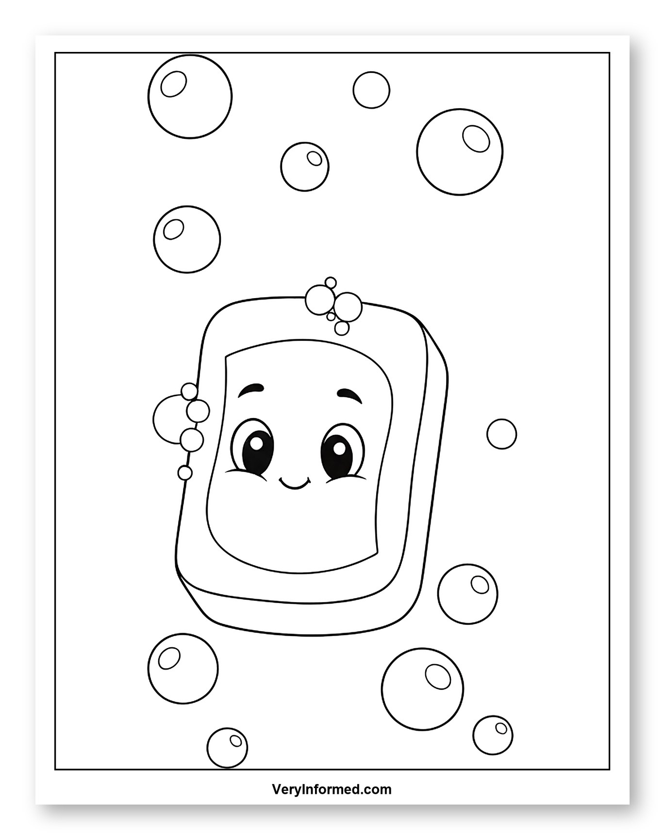 Cute Smiling Soap Bar with Bubbles Coloring Page for Toddlers