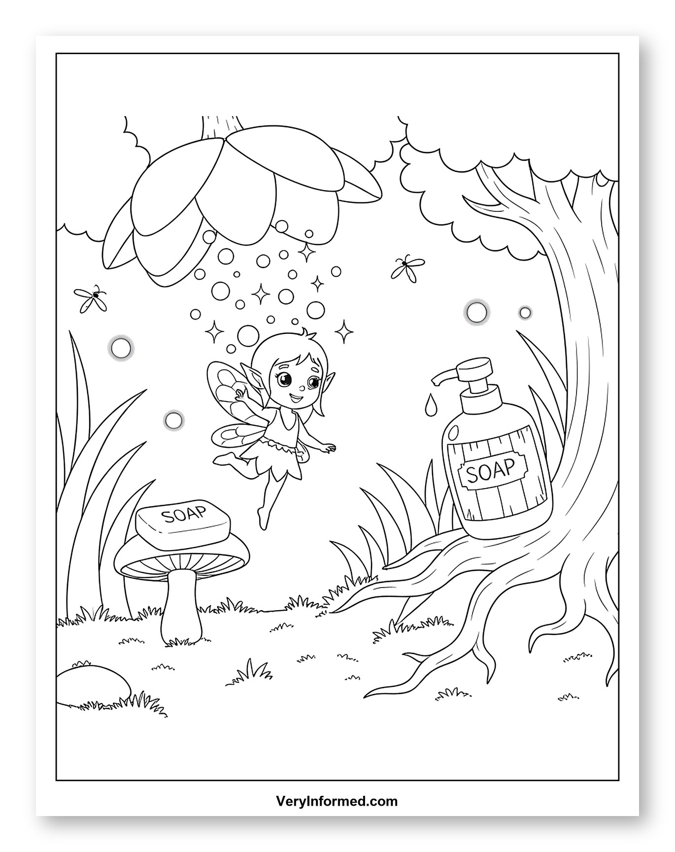 Enchanted Forest Fairy with Soap and Bubbles to Color for Kids