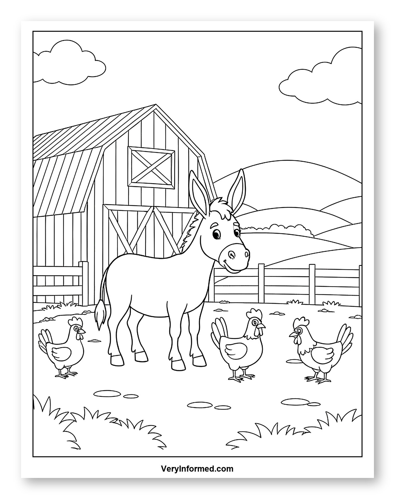 Happy Donkey and Chickens at the Farm Coloring Page for Kids