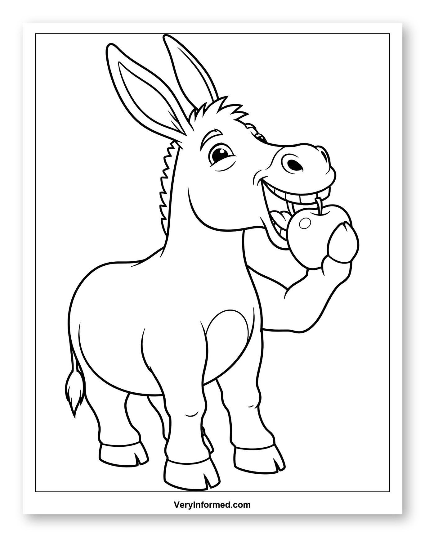 Happy Donkey Eating an Apple to Color for Toddlers