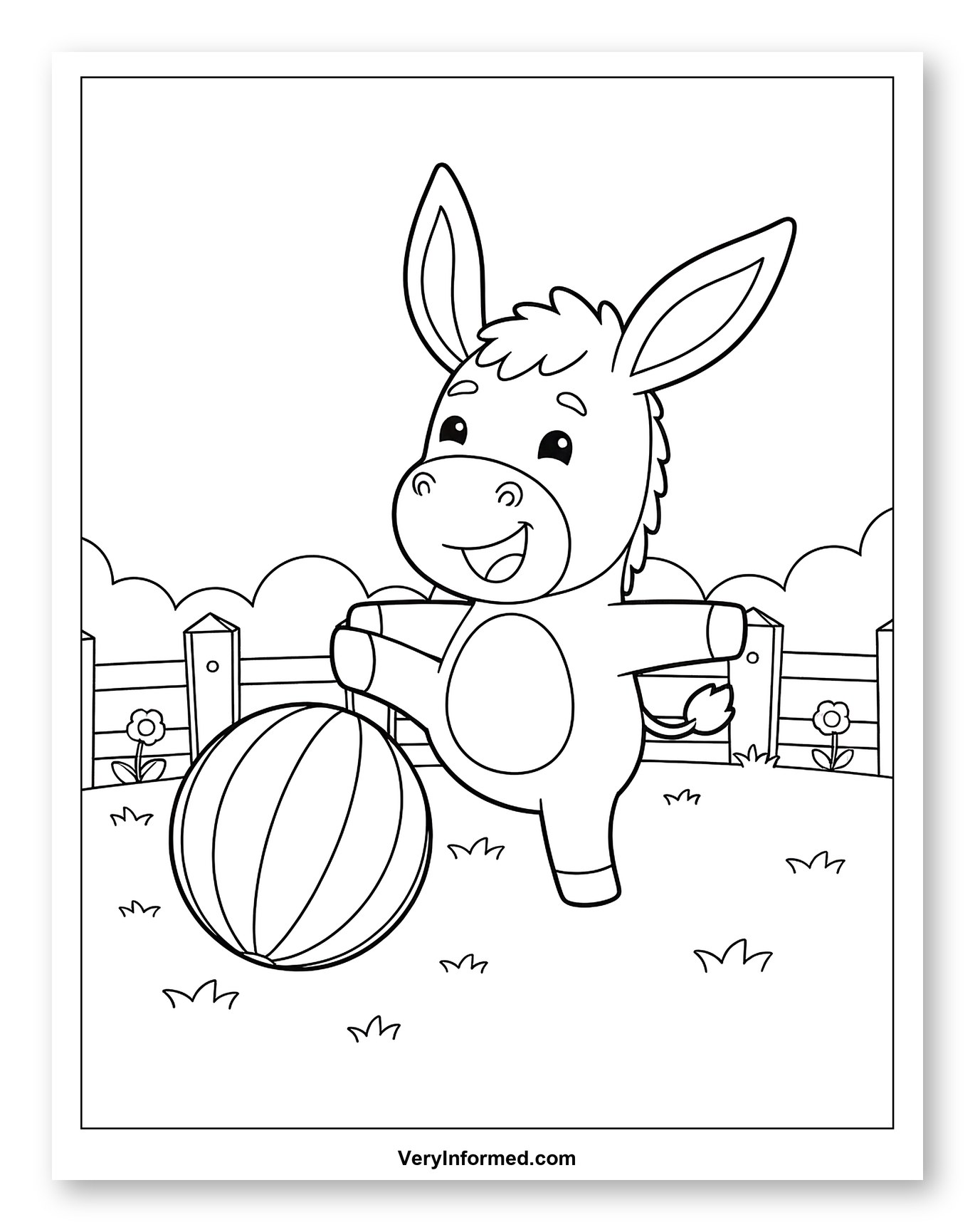 Happy Donkey Kicking a Striped Ball