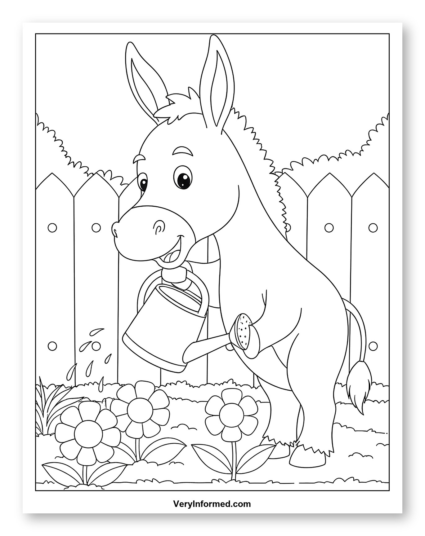 Happy Donkey Watering Flowers in Garden Coloring Sheet for Kids