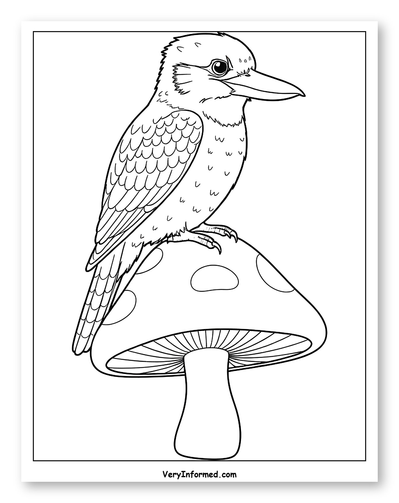 Kookaburra Bird Perched on a Mushroom to Color for Toddlers