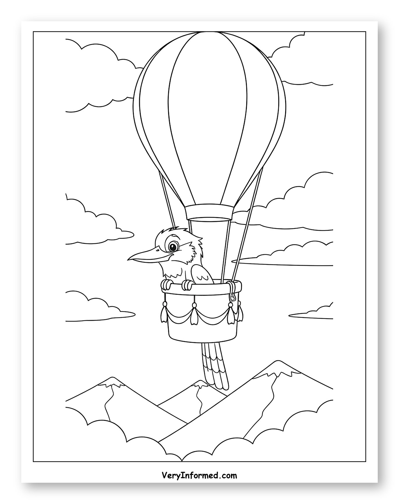 Kookaburra Flying in Hot Air Balloon to Color for Kids