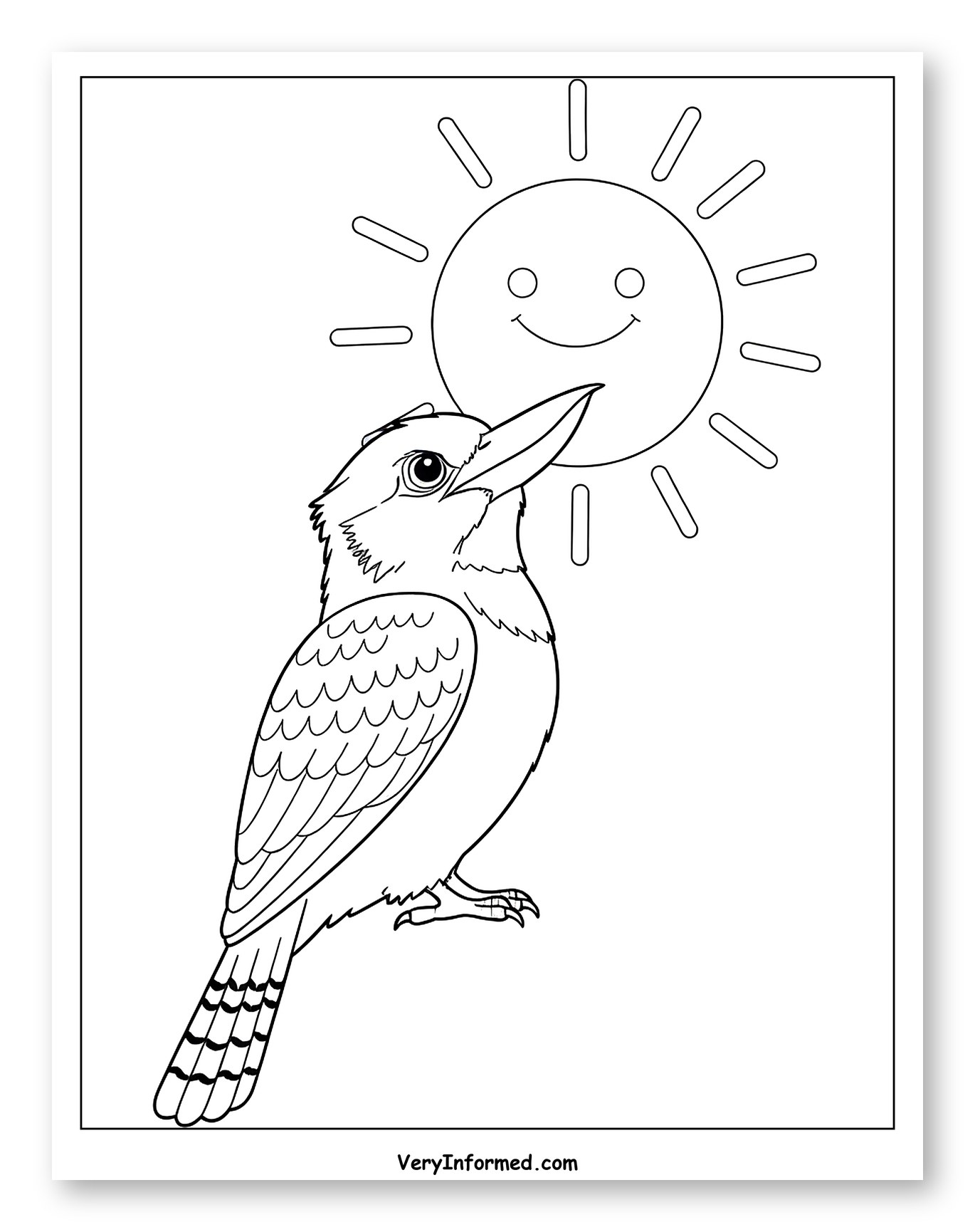 Kookaburra Looking at Happy Sun Coloring Sheet for Toddlers