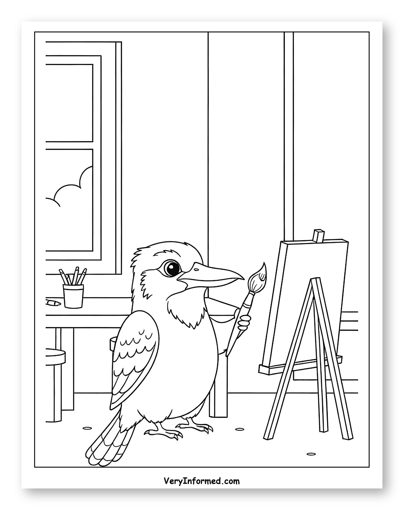 Kookaburra Painting on an Easel Coloring Page for Kids