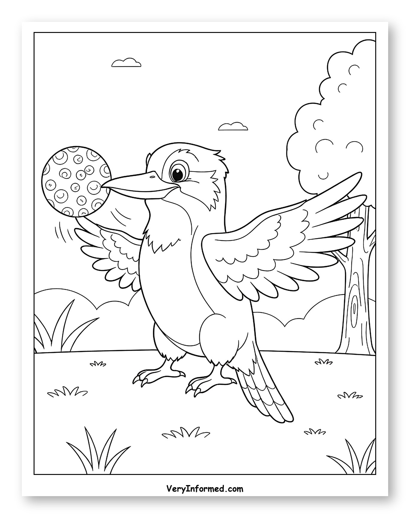 Kookaburra Playing with a Spotted Ball to Color for Kids