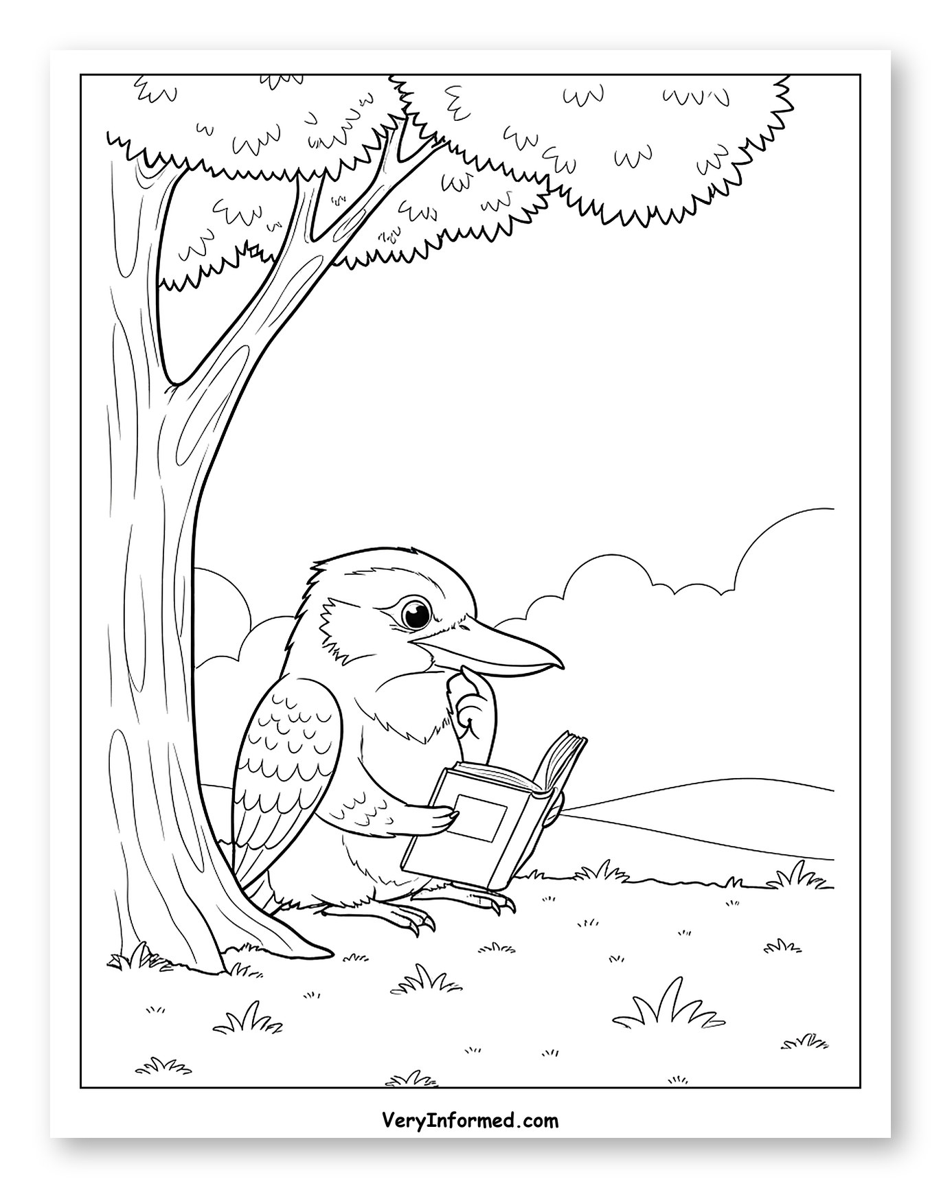 Kookaburra Reading a Book Under a Tree Coloring Page for Kids