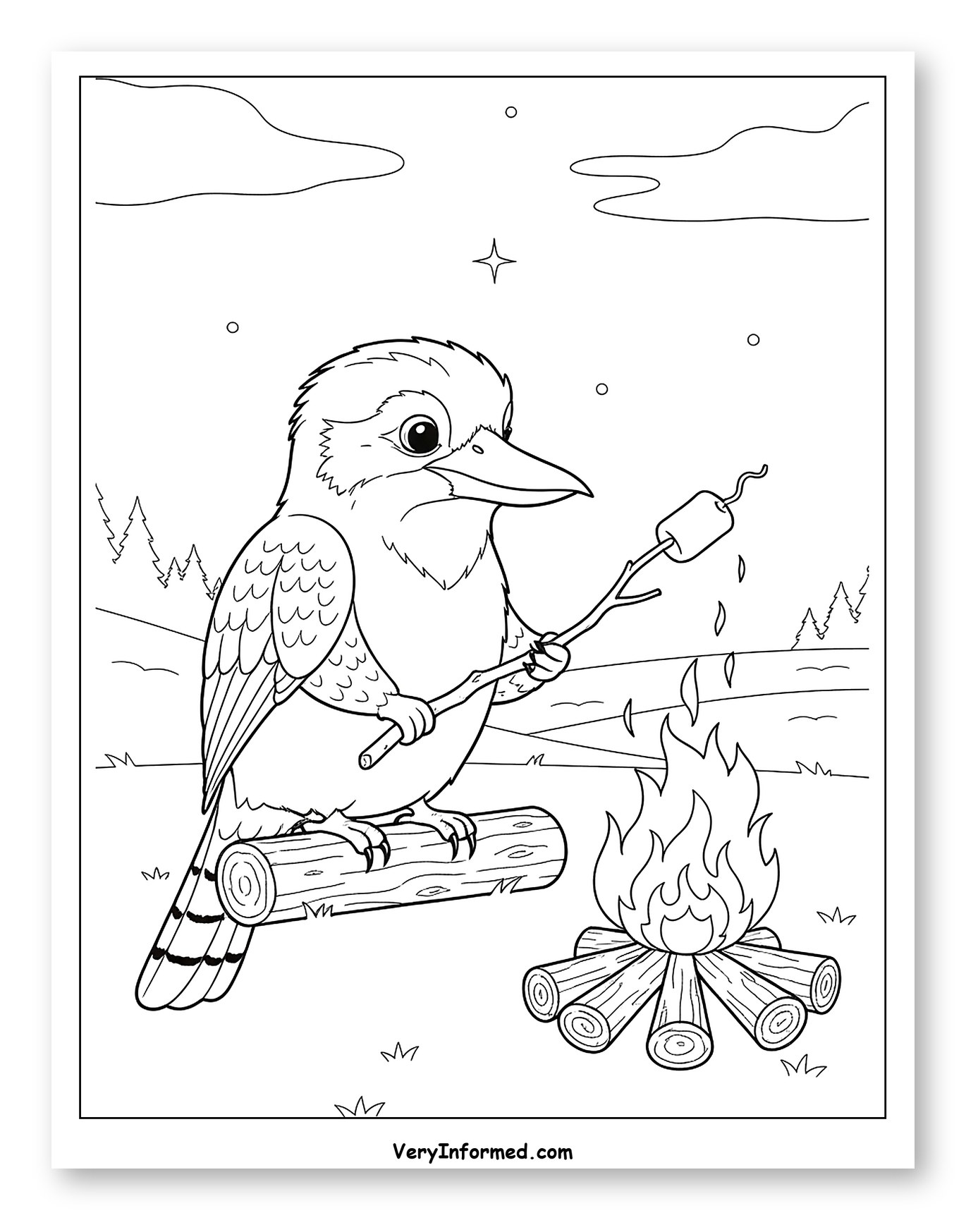 Kookaburra Roasting Marshmallow by Campfire to Color for Kids
