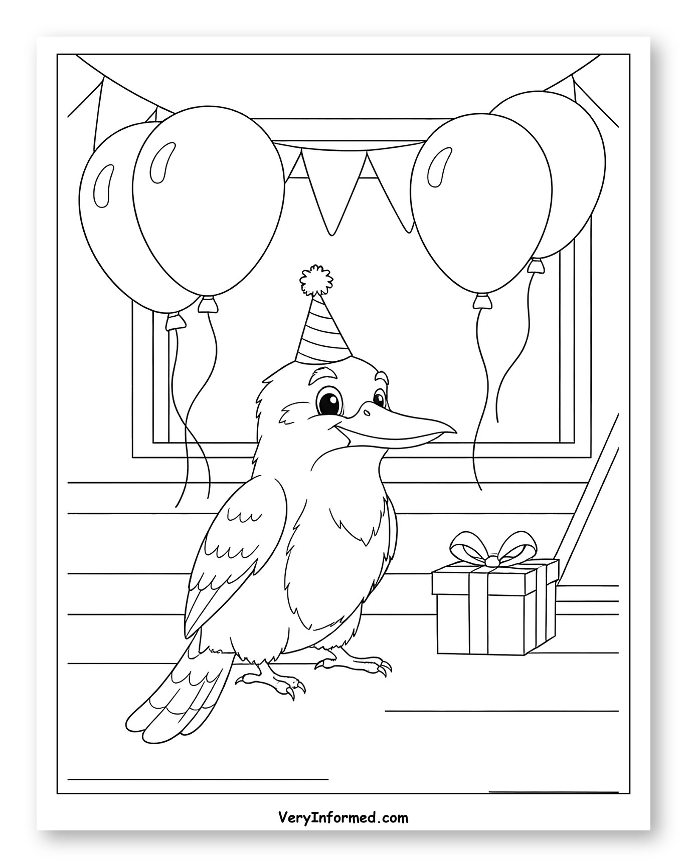 Kookaburra Wearing Party Hat with Balloons