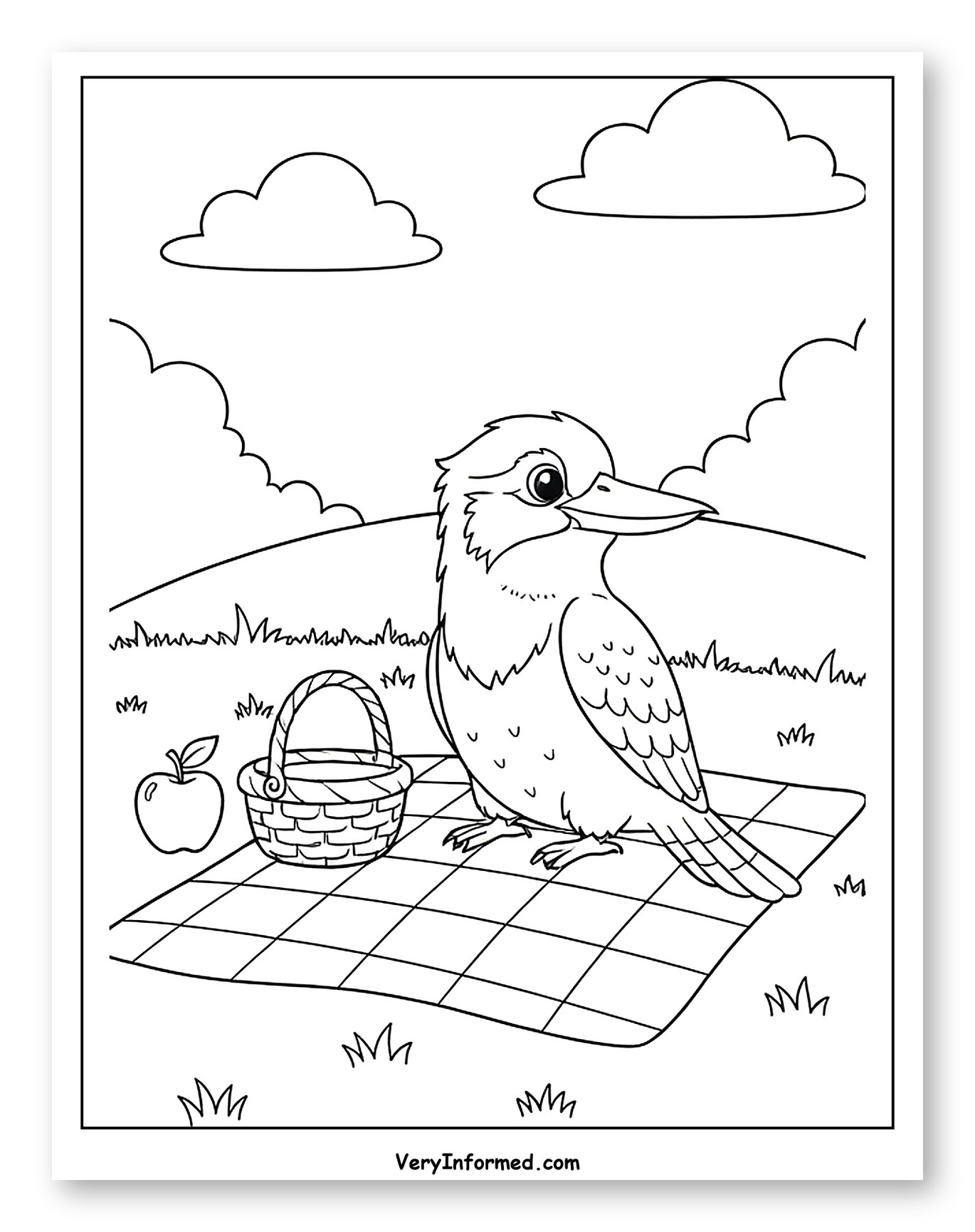 Kookaburra with Picnic Basket and Apple Coloring Sheet for Kids