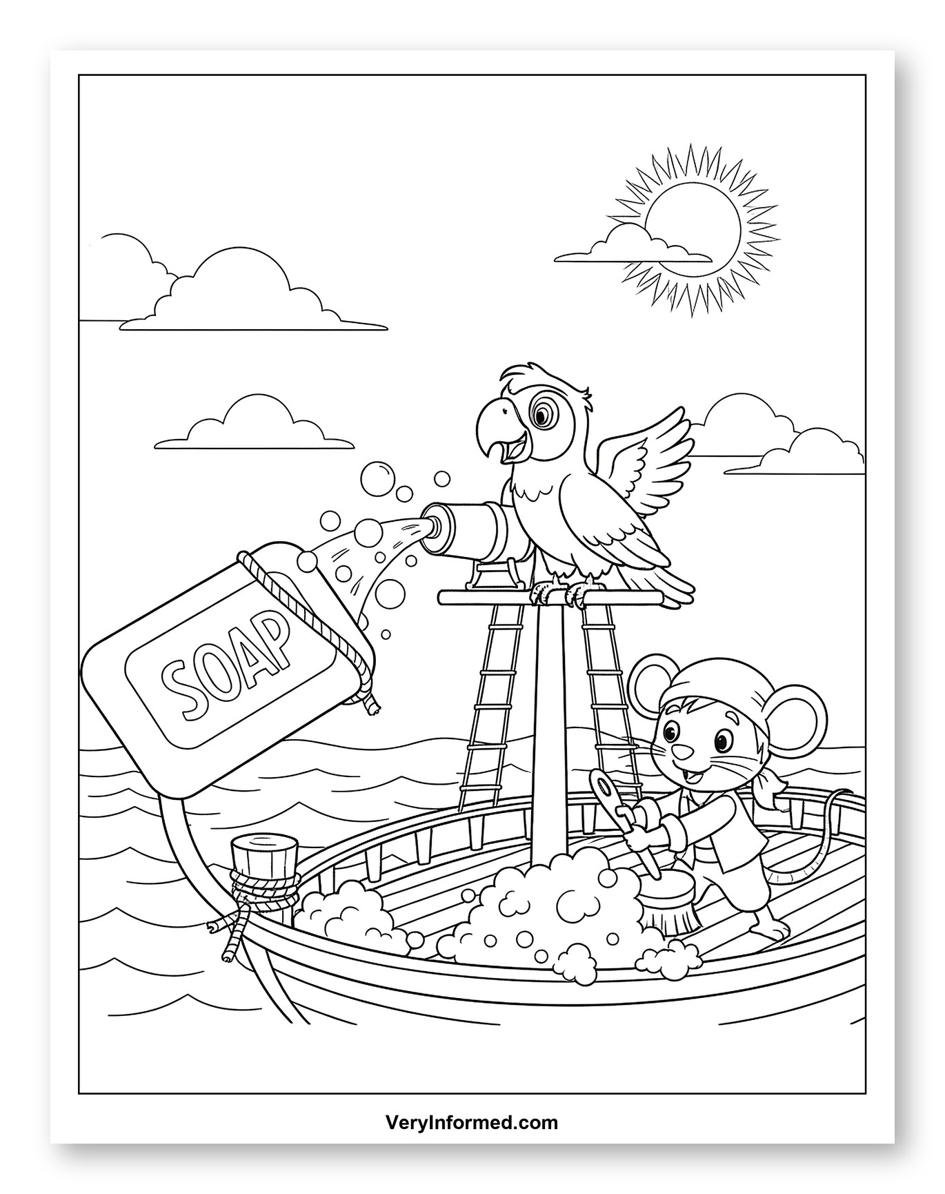 Pirate Parrot and Mouse Washing Ship with Soap