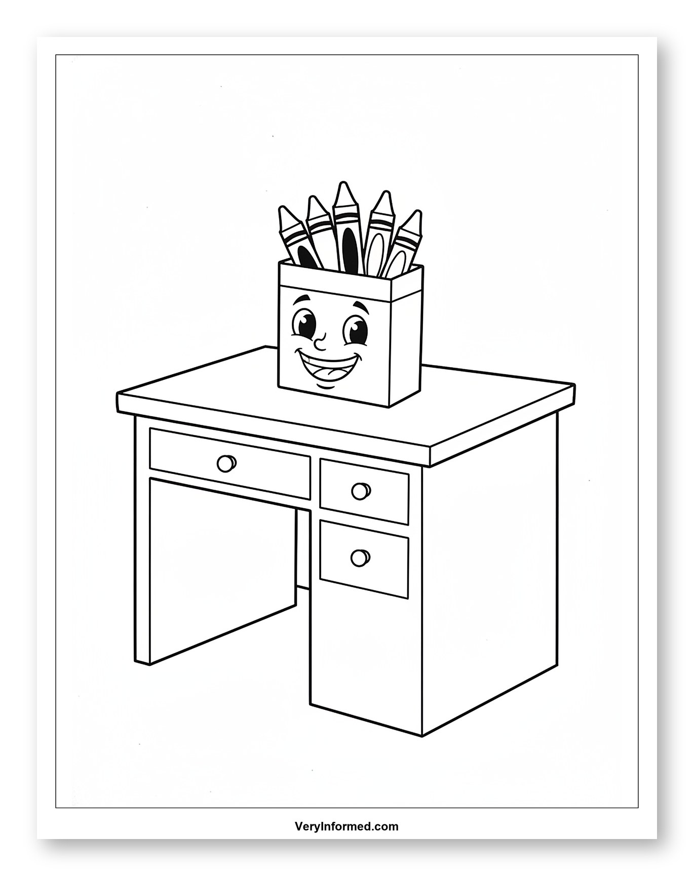 Smiling Crayon Box on a Desk with Drawers